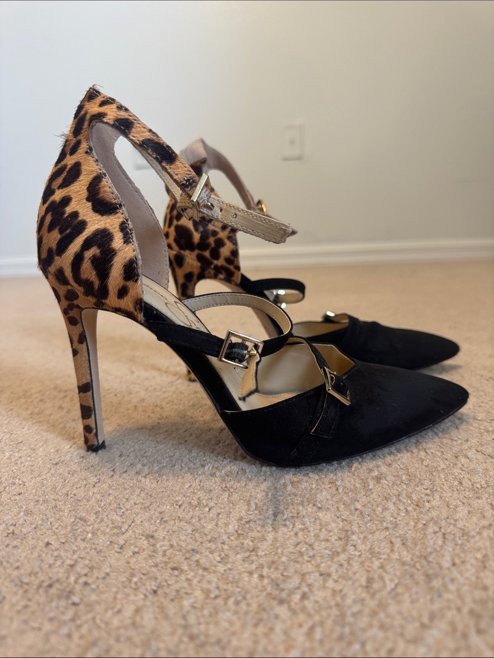 Jessica Simpson Black Pointed-Toe Heels with Leopard-Print Heel & Ankle Strap